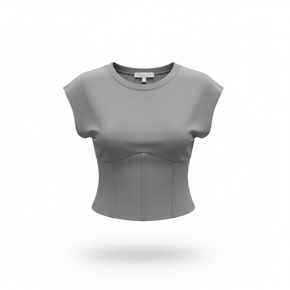 Madden Girl Gray Fitted Crop Top Seam Detail Short Sleeve